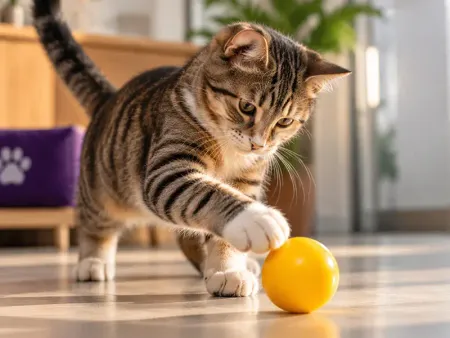 Gato brincando com uma bola amarela